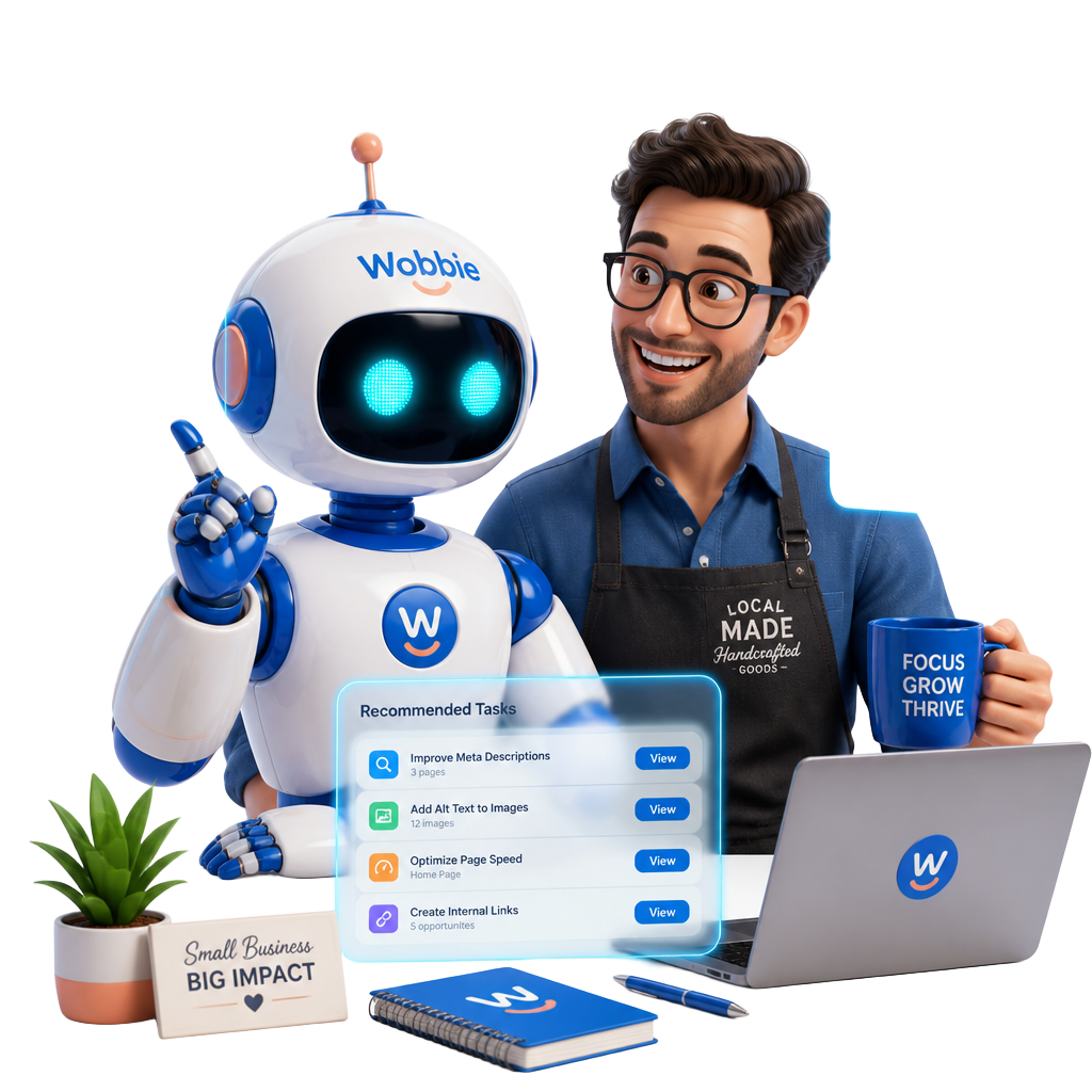 Wobbie working alongside a small business owner, showing website, analytics, calendar, tasks, and chat panels